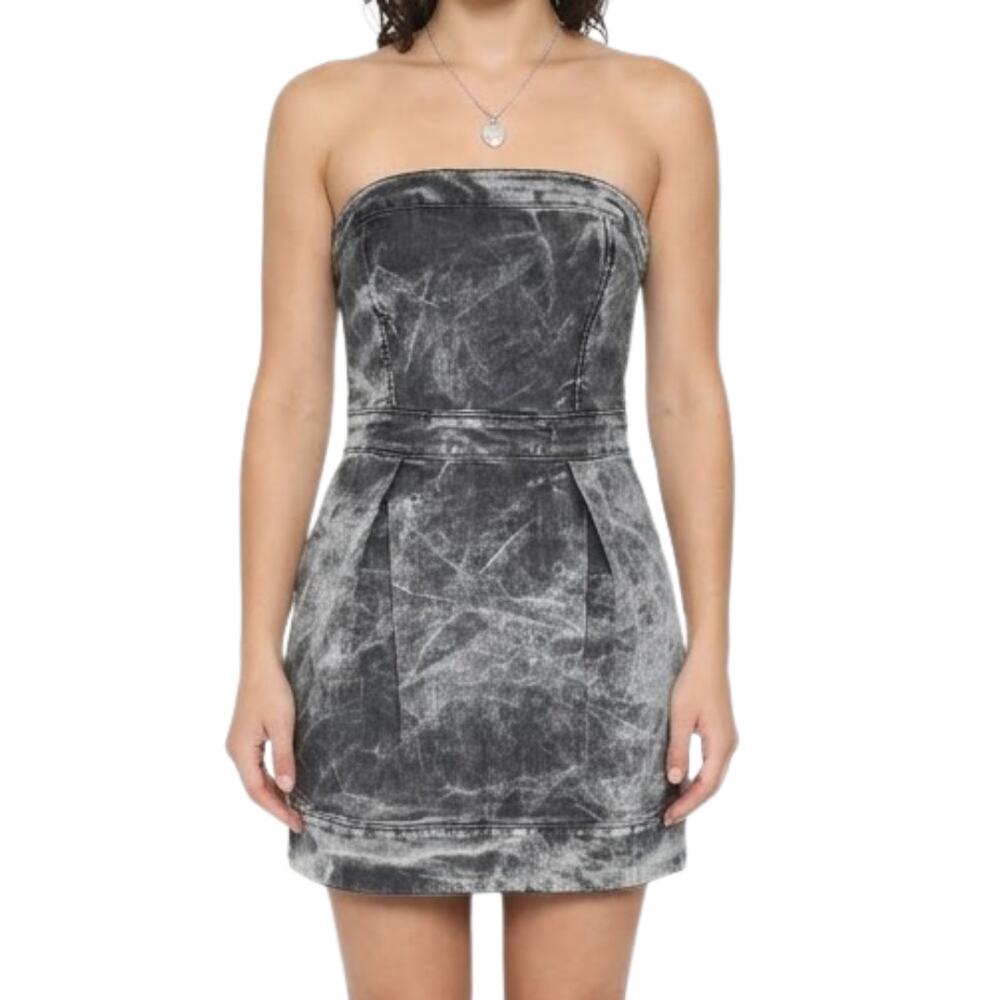 Vintage Y2K French Connection Denim Charcoal Gray Acid Wash Strapless Dress Sz 8
